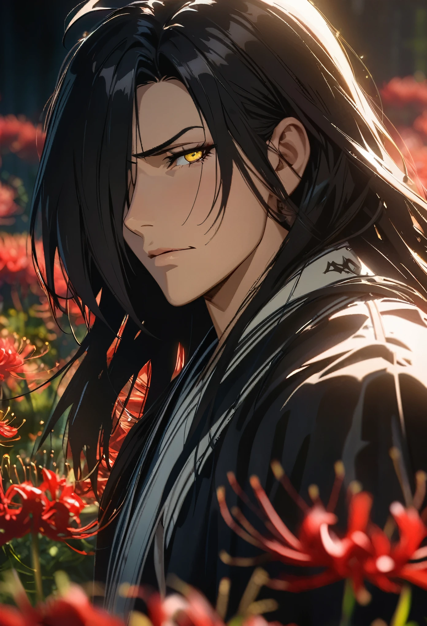 ((solo)), (man), tired face, yellow eyes, red eyeliner, black hair, long hair, straight hair, messy hair, (mature), (adult), a close up of a person with a great sword, in a field of red spider lilies, detailed key anime art, casimir art, masamune shiro, masamune, handsome guy in demon slayer art, heise jinyao, shadowverse style, (no logos), stylistic kimono clothing, expressive hair, hair over one eye, shiny hair, ahoge, bangs, depth of field, cinematic lighting, ray tracing, depth of field, cinematic lighting, ray tracing, UHD, high details, best quality, highres, high quality, award winning, super detail, masterpiece, 8k, UHD, high details, best quality, highres, high quality, award winning, super detail, masterpiece, 8k