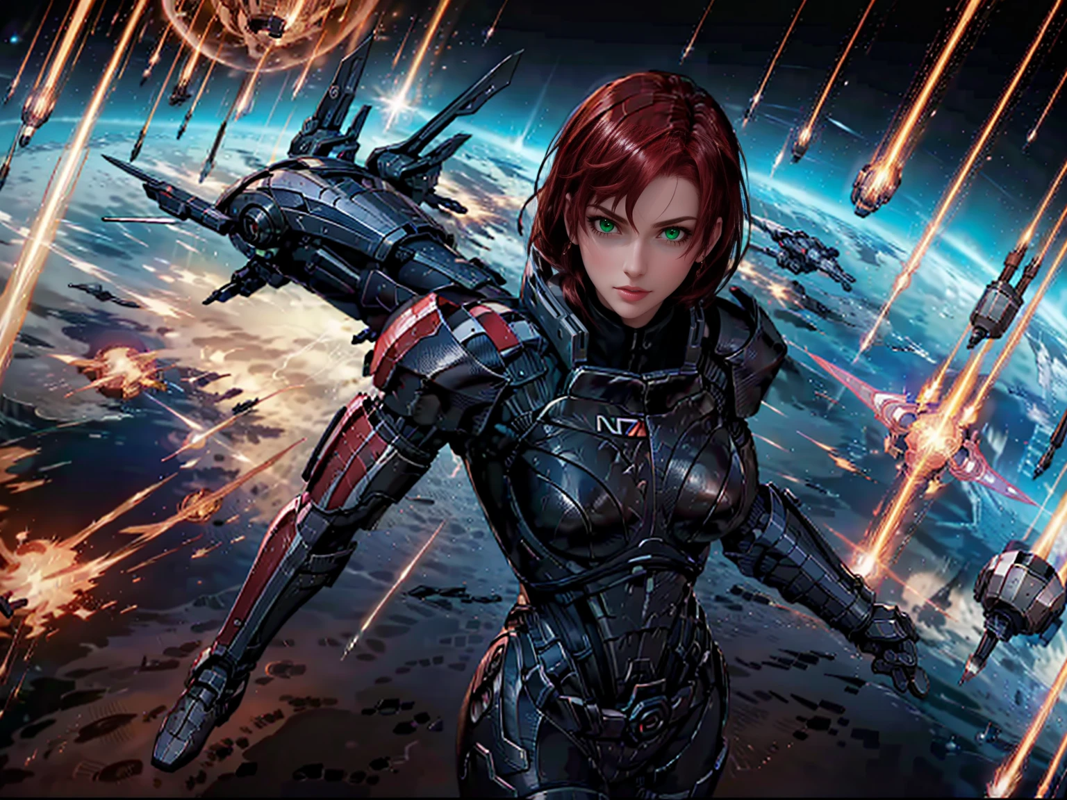 Solo, a woman with crimson red hair, wearing damaged N7 armor, punching a Reaper dreadnought ship in space, hand-to-hand combat against a spaceship, MEFShepard, omniblade, hyper detailed, 8k, photorealistic, intricate details, cinematic lighting, dramatic atmosphere, dynamic action pose, powerful expression, volumetric lighting, cinematic camera angle, vibrant colors, seamless integration, flawless rendering