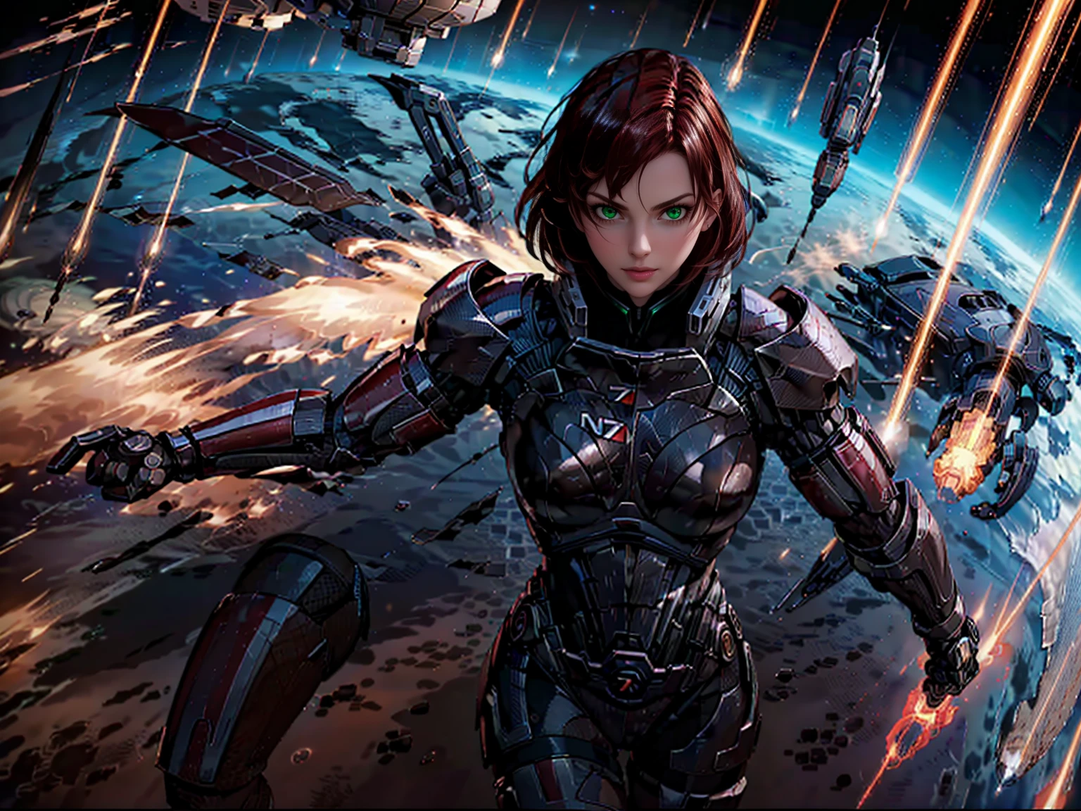 Solo, a woman with crimson red hair, wearing damaged N7 armor, punching a Reaper dreadnought ship in space, hand-to-hand combat against a spaceship, MEFShepard, omniblade, hyper detailed, 8k, photorealistic, intricate details, cinematic lighting, dramatic atmosphere, dynamic action pose, powerful expression, volumetric lighting, cinematic camera angle, vibrant colors, seamless integration, flawless rendering