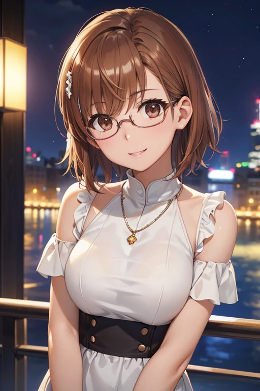 misaka mikoto、Shiny Hair, Short Hair, (Beautiful brown eyes、Sparkling eyes, Fine grain、The perfect highlight)、smile、Ultra-detailed eyes、Highly detailed face, Highly detailed eyes,Cowboy Shot、




masterpiece、High resolution、High resolution、High resolution、1 female、Very close、((Depiction of upper body only))、((Brown Hair、short hair、Pixie Cut))、((round frame glasses))、、やさしいsmile、歯を見せてsmile、((Late Night City))、