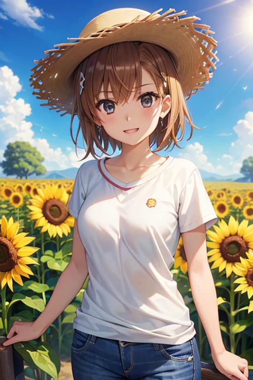 misaka mikoto、Shiny Hair, Short Hair, (Beautiful brown eyes、Sparkling eyes, Fine grain、The perfect highlight)、smile、Super detailedな目、Highly detailed face, Highly detailed eyes,Cowboy Shot、




masterpiece of the highest quality,Super detailed,One girl, Laugh happily,Sunflower Garden,Straw hat,Sunshine,cloud,Hayate Yagami, short hair, blue eyes, Brown Hair, Hair accessories, x Hair accessories,T-Shirts,jeans, 