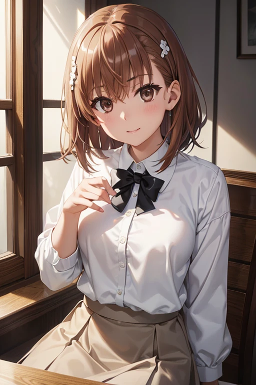 misaka mikoto、Shiny Hair, Short Hair, (Beautiful brown eyes、Sparkling eyes, Fine grain、The perfect highlight)、smile、Ultra-detailed eyes、Highly detailed face, Highly detailed eyes,Cowboy Shot、




masterpiece、Best Quality、 forehead, 2 woman、Light chestnut medium-length hair、Brown eyes.、Wearing a black suit, Wearing a white blouse、Wearing a grey skirt、Green, shy, Sitting、The background is indoors、Bold Configuration、The upper body is shown、Alone、A close-up of your face