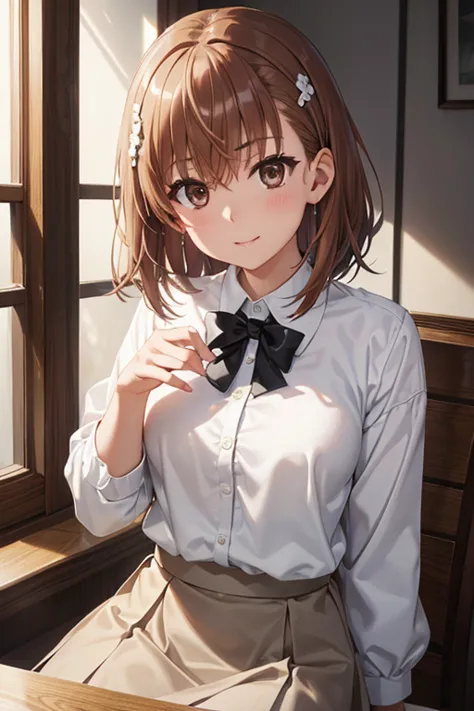 misaka mikoto、shiny hair, short hair, (beautiful brown eyes、sparkling eyes, fine grain、the perfect highlight)、smile、ultra-detail...