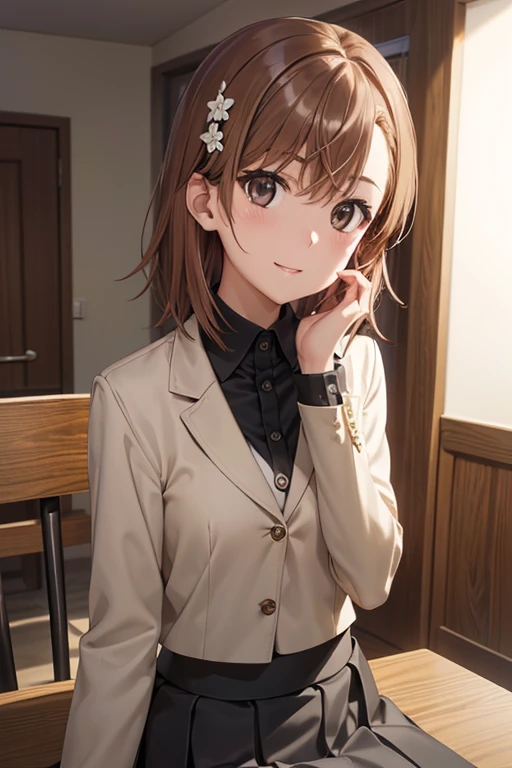 misaka mikoto、Shiny Hair, Short Hair, (Beautiful brown eyes、Sparkling eyes, Fine grain、The perfect highlight)、smile、Ultra-detailed eyes、Highly detailed face, Highly detailed eyes,Cowboy Shot、




masterpiece、Best Quality、 forehead, 2 woman、Light chestnut medium-length hair、Brown eyes.、((Wearing a black suit,Wearing a grey skirt))、Green, shy, Sitting、The background is indoors、Bold Configuration、The upper body is shown、Alone、A close-up of your face