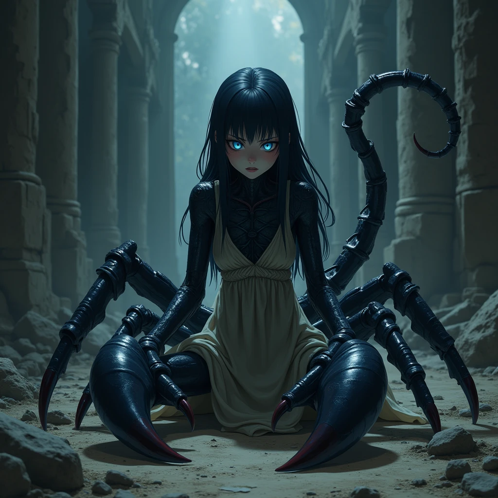 a young woman with almost black skin, black scorpion tail, big pincers instead of hands, black exoskeleton, located on the floor of ancient ruins, long black hair, blue eyes, old tunic, horror anime style, dark moody atmosphere, dramatic shadows, hated face