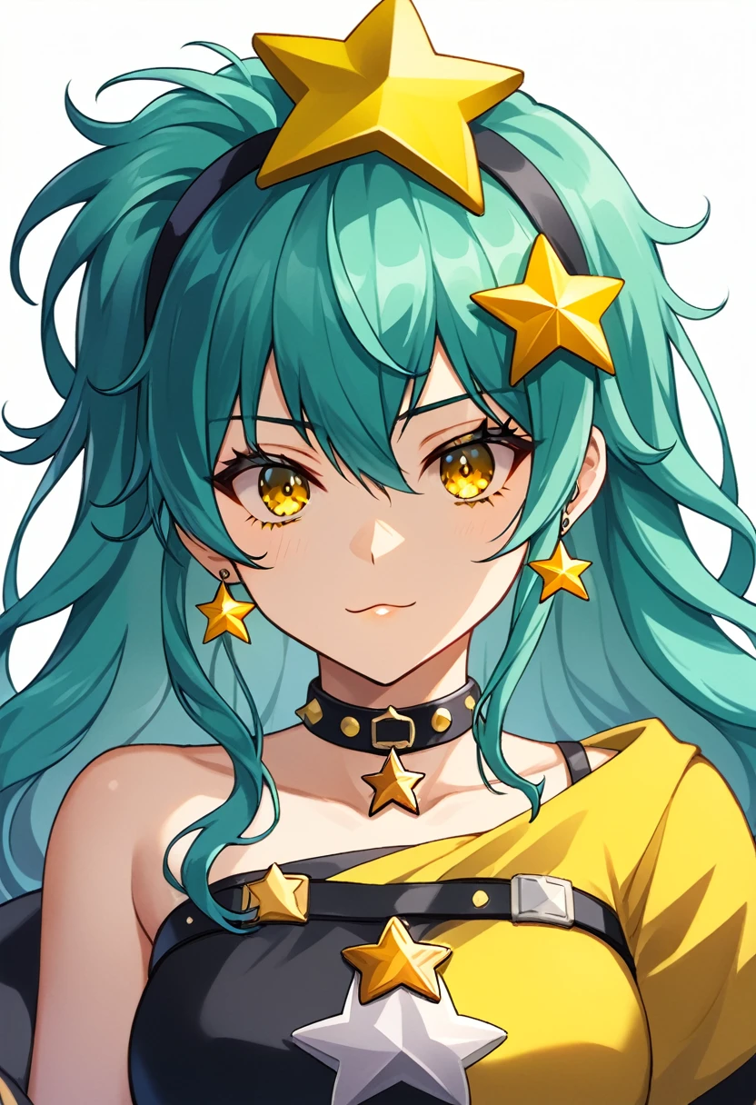 Girl with long dark turquoise hair, yellow eyes, yellow star pin in her head with Satoru Gojo aside