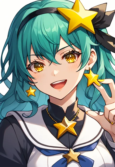 girl with long dark turquoise hair, yellow eyes, yellow star pin in her head with satoru gojo aside