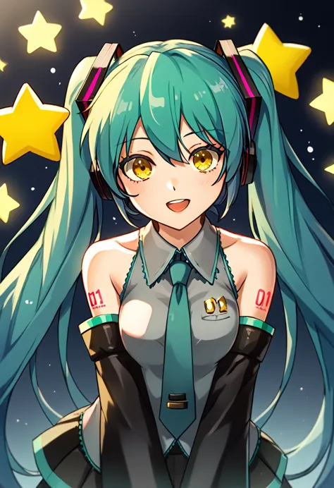 girl with long dark turquoise hair, yellow eyes, yellow star pin in her head with hatsune miku