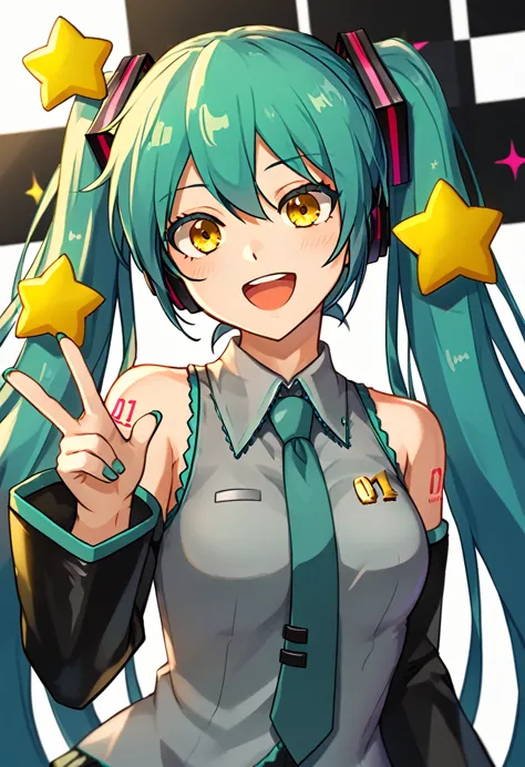 girl with long dark turquoise hair, yellow eyes, yellow star pin in her head with hatsune miku