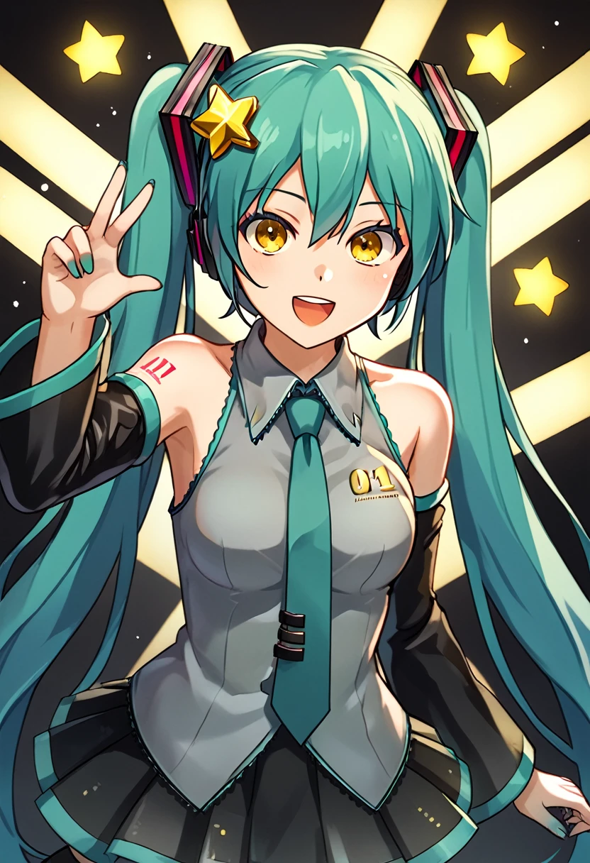 Girl with long dark turquoise hair, yellow eyes, yellow star pin in her head with Hatsune Miku 