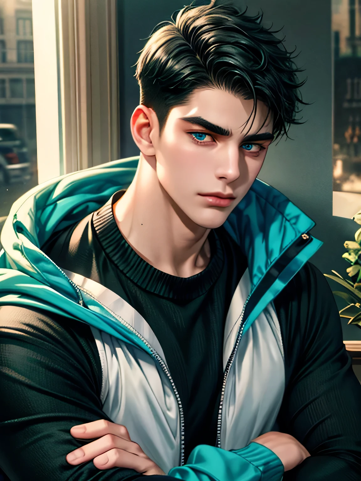 handsome young man, black hair short hair, blue eyes, ombros largos, masterpiece, Absurd, Beautiful and detailed face, with arms crossed, looking at the viewer, with a dark green adidas long sleeve sweaterfall mood, 