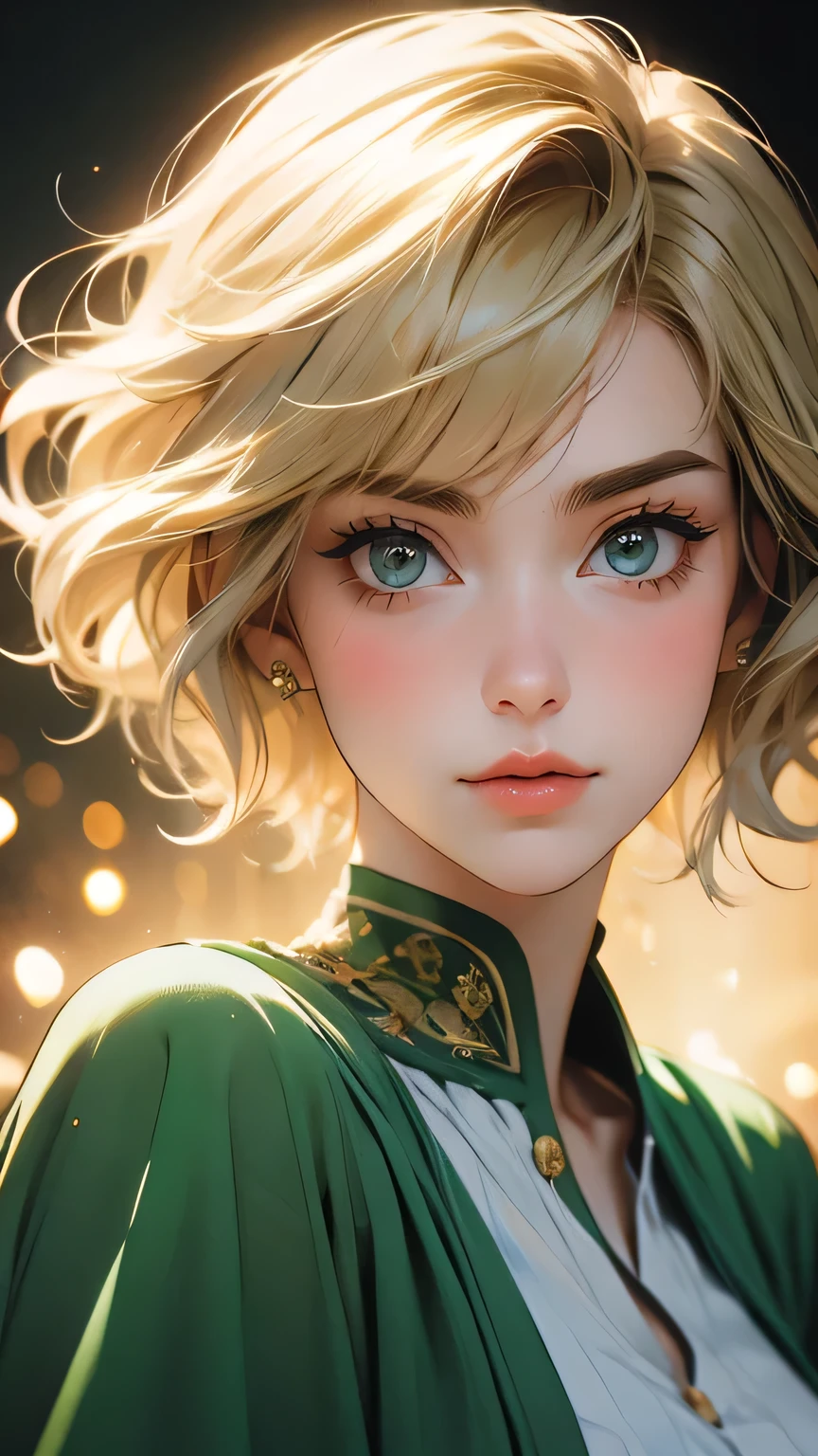 ((Masterpiece)), envision a 8k, highres, cinematic, extremely beautiful semi realistic close up portrait of a beautiful mature lady with a soft face, slender body, ((Short blonde hair)),white shirt , brown boots, green cloak, brown gloves, blush, smile, flustered, side locks, long bangs, round face, long sweeping bangs, bright green eyes, soft lips, lip gloss, thick eyebrows, round face, ((((1girl)))), in dark lighting, against a dark gray background