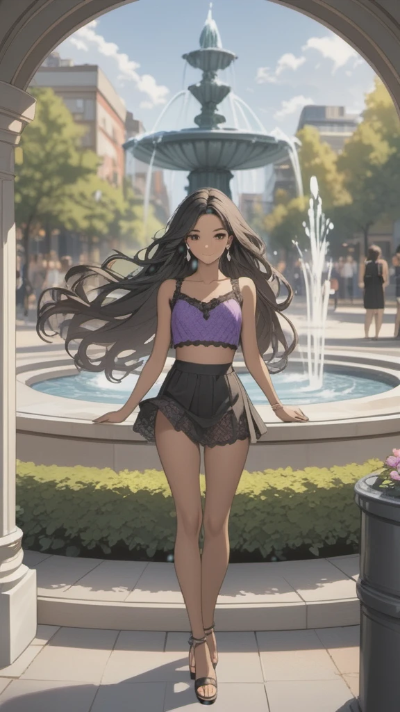 (((Adult woman)): ( white lace miniskirt, purple lace cropped top, black eyes, brown skin, dark skin, showing the whole body, ((black hair, long wavy hair)), ((High heel sandals ). Closed mouth )); full body shot, cute smile ((dancing in front of fountain park)), city background. High quality. 4k, 8k, many details. Masterpiece, accurate, anatomically correct, posing, detailed background, better quality, original work Focus on details, people's watching around, Front view, earrings,  wind blowing, red lace mini panties, opening legs, facial freckles 