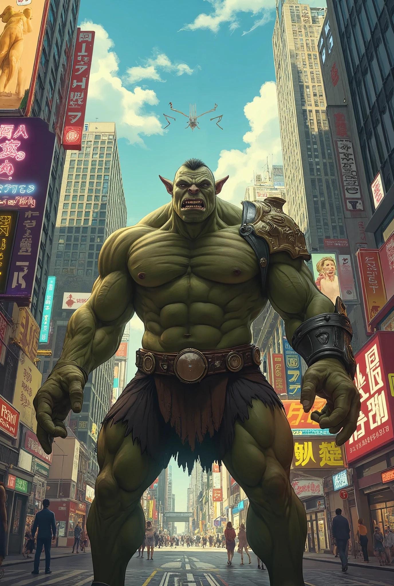 A highly detailed portrait of an orc standing in a busy city street, in an anime-inspired retro art style, (best quality,4k,8k,highres,masterpiece:1.2),ultra-detailed,(realistic,photorealistic,photo-realistic:1.37),intricate details,sharp focus,vivid colors,dramatic lighting,moody atmosphere,cinematic composition,digital painting
