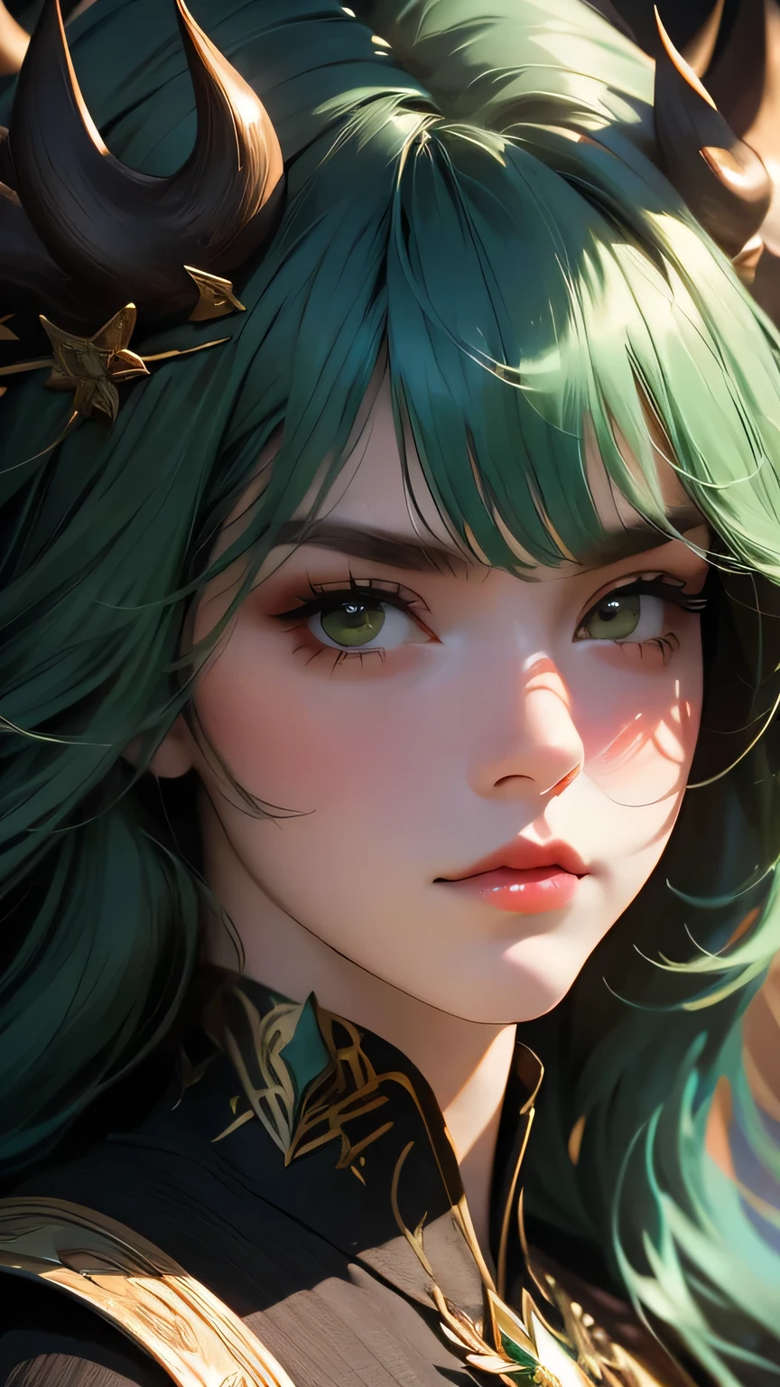 ((Masterpiece)), envision a 8k, highres, cinematic, extremely beautiful semi realistic close up portrait of a beautiful mature lady with a strong face, Antlers, slender body, mean face, Frown, Angry, ((long green hair)), blush, smile, flustered, side locks, long bangs, round face, long sweeping bangs, yellow eyes, soft lips, lip gloss, thick eyebrows, round face, ((((1girl)))), in dark lighting, against a dark gray background