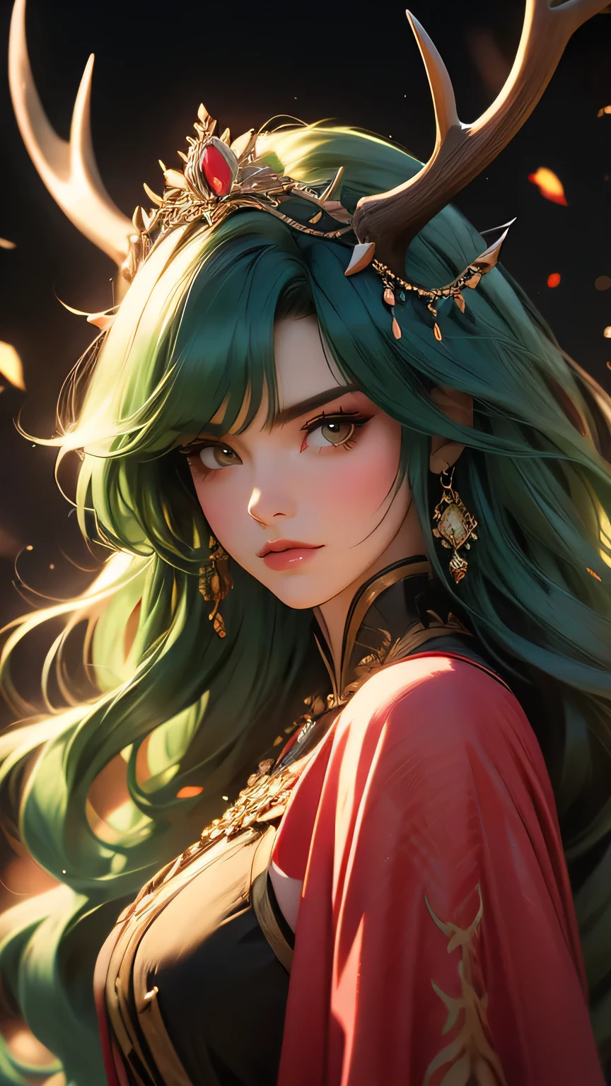 ((Masterpiece)), envision a 8k, highres, cinematic, extremely beautiful semi realistic full body pinup of a beautiful mature lady with a strong face, Antlers, slender body, mean face, Frown, Angry, ((long green hair)), blush, smile, flustered, side locks, long bangs, round face, long sweeping bangs, yellow eyes, soft lips, lip gloss, thick eyebrows, round face, ((((1girl)))), in dark lighting, against a dark gray background