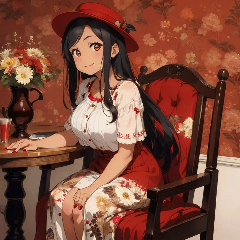 1 female, tan skin, brown skin, huge breast, black 50s long hair, red long vintage dress, 50s dress, red 50s hat, red nails, red shoe, 50s place wallpaper, smile, sitting down, in the 50s chair, flowers, sexy lip, red lip