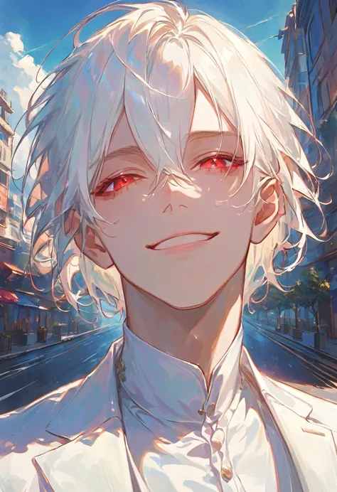 materpiece,1male,gentle,handsome,white hair,short hair,hair between eyes,red eyes,laughs with eyes,closed mouth,white suit,white...