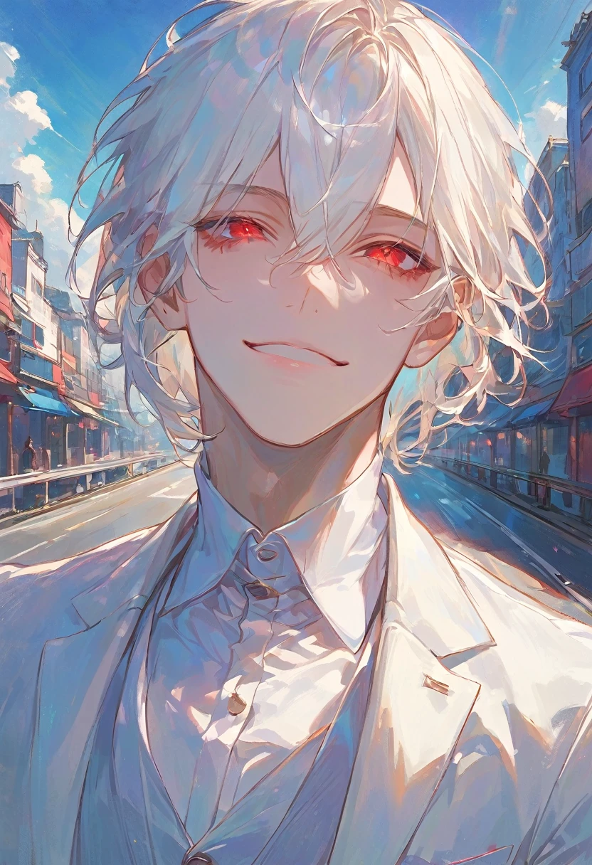 materpiece,1male,gentle,handsome,white hair,short hair,hair between eyes,red eyes,laughs with eyes,closed mouth,white suit,white dress shirt,upper body,looking at viewer,day,road of city