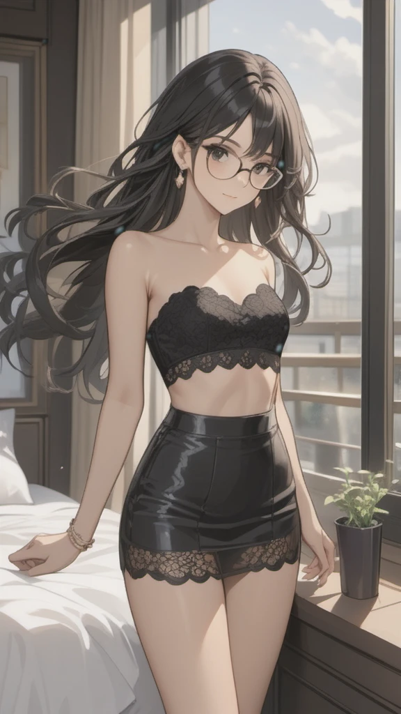 (((Adult woman)): (black lace miniskirt, rosê lace strapless cropped, black eyes, brown skin, dark skin, showing the whole body, ((black hair, long wavy hair)), (High heel sandals ). Closed mouth )); full body shot, cute smile ((posing in front of bed)), bedroom background. High quality. 4k, 8k, many details. Masterpiece, accurate, anatomically correct, posing, detailed background, better quality, original work Focus on details, people's watching around, Front view, earrings,  wind blowing through window, eye glasses