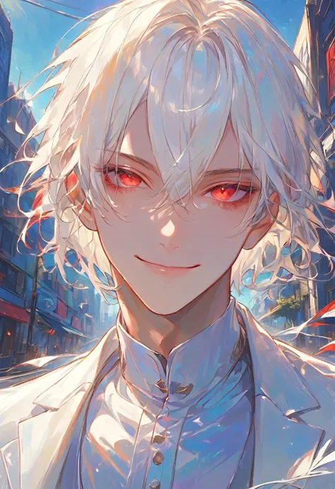 materpiece,1male,gentle,handsome,white hair,short hair,hair between eyes,red eyes,laughs with eyes,smile,closed mouth,white suit...