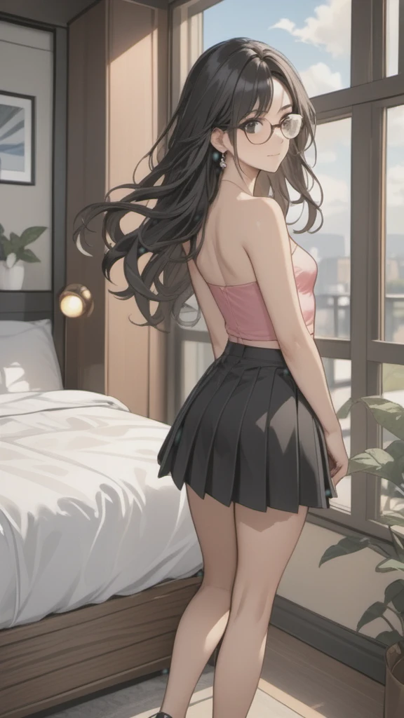 (((Adult woman)): (black pleated miniskirt, pink strapless cropped, black eyes, brown skin, dark skin, showing the whole body, ((black hair, long wavy hair)), (High heel sandals ). Closed mouth )); full body shot, cute smile ((posing in front of bed)), bedroom background. High quality. 4k, 8k, many details. Masterpiece, accurate, anatomically correct, posing, detailed background, better quality, original work Focus on details, people's watching around, Front view, earrings,  wind blowing through window, eye glasses