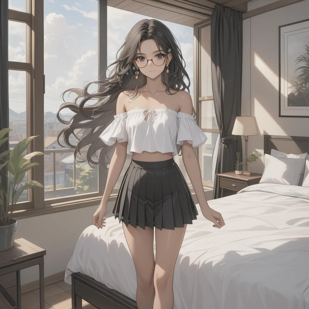 (((Adult woman)): (black pleated miniskirt, pink strapless cropped, black eyes, brown skin, dark skin, showing the whole body, ((black hair, long wavy hair)), (High heel sandals ). Closed mouth )); full body shot, cute smile ((posing in front of bed)), bedroom background. High quality. 4k, 8k, many details. Masterpiece, accurate, anatomically correct, posing, detailed background, better quality, original work Focus on details, people's watching around, Front view, earrings,  wind blowing through window, eye glasses