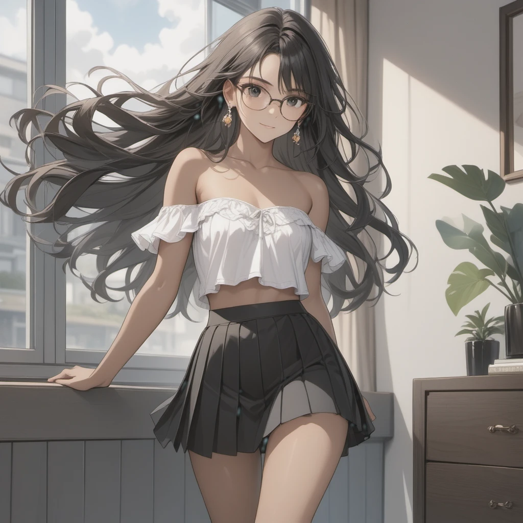 (((Adult woman)): (black pleated miniskirt, pink strapless cropped, black eyes, brown skin, dark skin, showing the whole body, ((black hair, long wavy hair)), (High heel sandals ). Closed mouth )); full body shot, cute smile ((posing in front of bed)), bedroom background. High quality. 4k, 8k, many details. Masterpiece, accurate, anatomically correct, posing, detailed background, better quality, original work Focus on details, people's watching around, Front view, earrings,  wind blowing through window, eye glasses