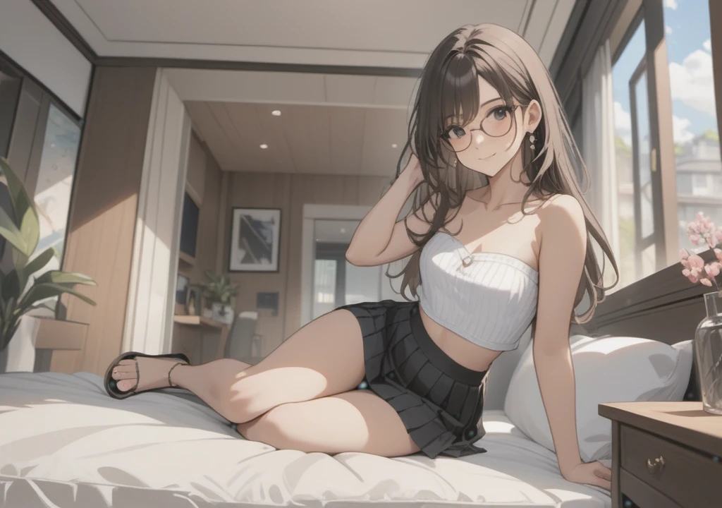 a woman with black pleated miniskirt, pink strapless cropped top, black eyes, brown skin, long wavy dark hair, wearing high heel sandals, lying on bed, cute smile, bedroom background, high quality, masterpiece, anatomically correct, detailed background, better quality, original work, focus on details, people's watching around, front view, earrings, wind blowing through window, eye glasses