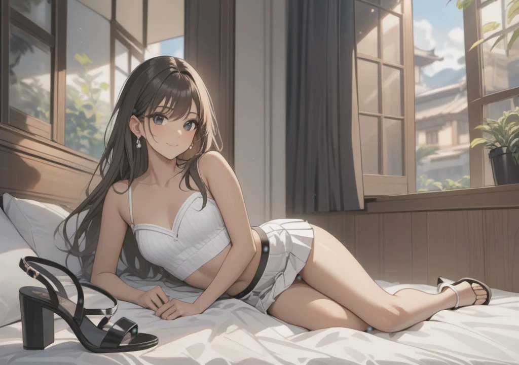 a woman with black pleated miniskirt, pink strapless cropped top, black eyes, brown skin, long wavy dark hair, wearing high heel sandals, lying on bed, cute smile, bedroom background, high quality, masterpiece, anatomically correct, detailed background, better quality, original work, focus on details, people's watching around, front view, earrings, wind blowing through window, eye glasses