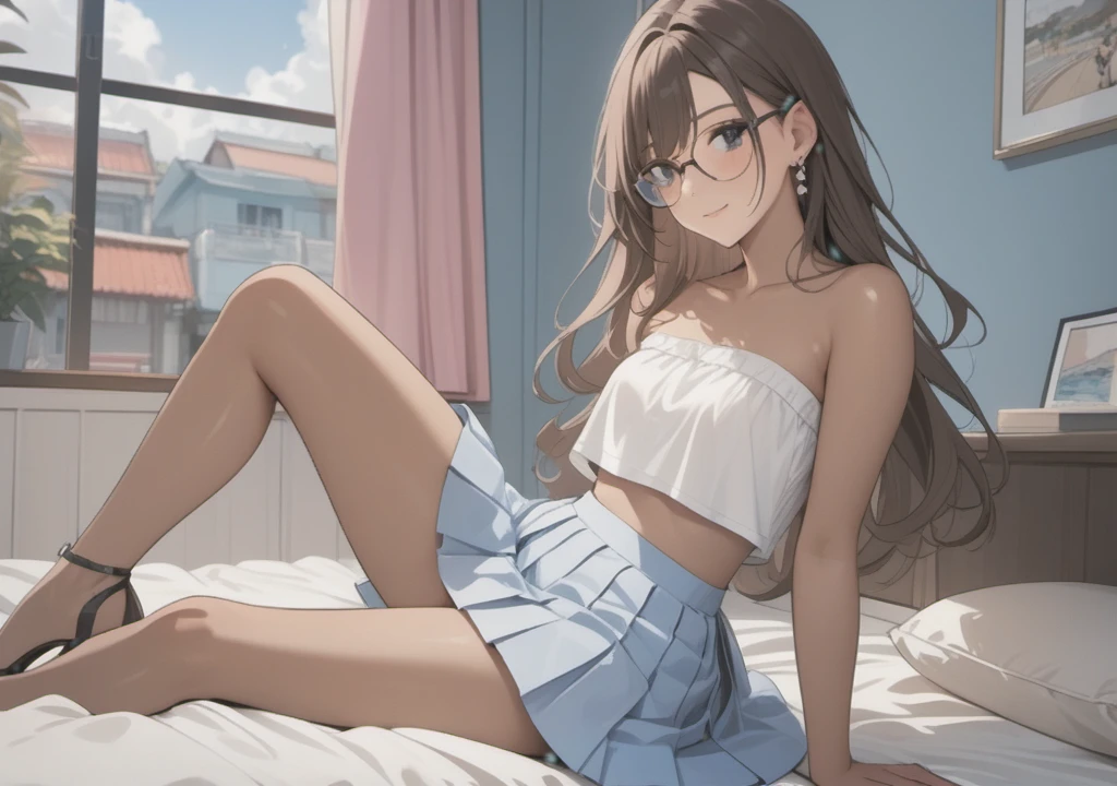 a woman with pleated miniskirt, strapless cropped top, clothes with trans flag colors((pink white and blue)), black eyes, (((brown skin))), long wavy dark hair, wearing high heel sandals, lying on bed, cute smile, bedroom background, high quality, masterpiece, anatomically correct, detailed background, better quality, original work, focus on details, people's watching around, front view, earrings, wind blowing through window, eye glasses