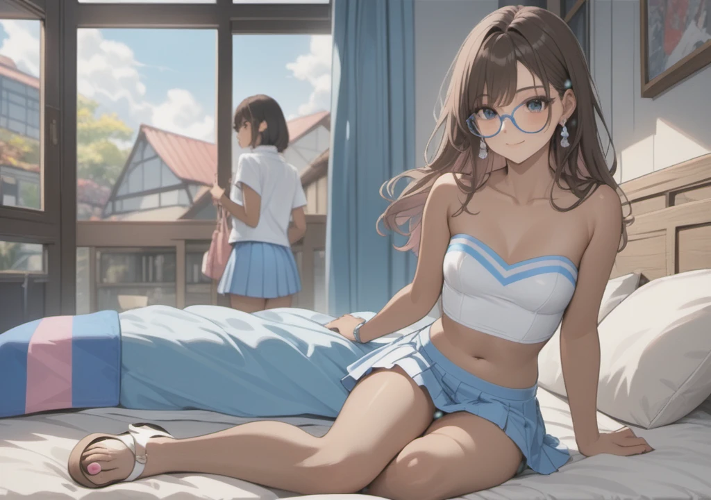 a woman with pleated miniskirt, strapless cropped top, clothes with trans flag colors((pink white and blue)), black eyes, (((brown skin))), long wavy dark hair, wearing high heel sandals, lying on bed, cute smile, bedroom background, high quality, masterpiece, anatomically correct, detailed background, better quality, original work, focus on details, people's watching around, front view, earrings, wind blowing through window, eye glasses