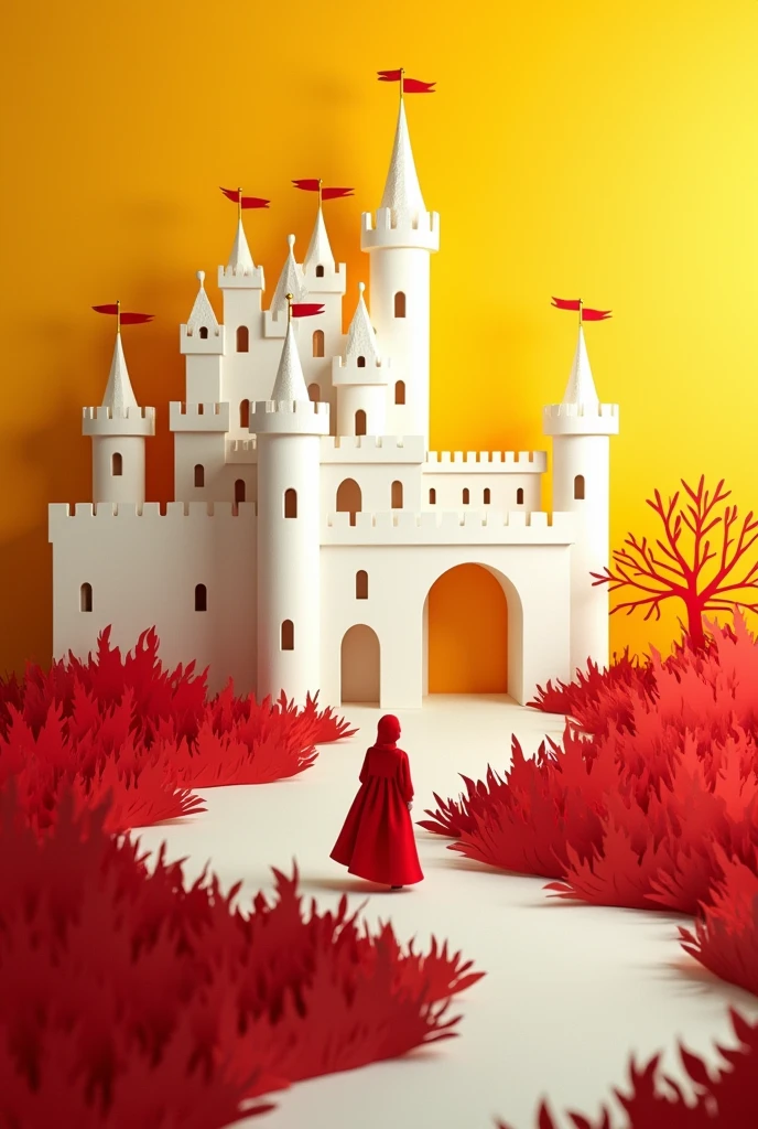 papercut and shadow art world, princess with guards, background yellow, red, white northern renaissance castle, light color art