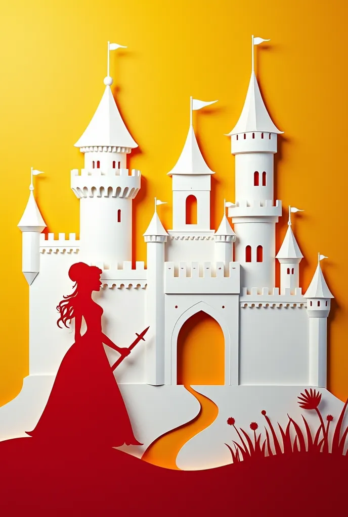 paper cut and shadow art world, princess with guards, background yellow, red, white northern renaissance castle