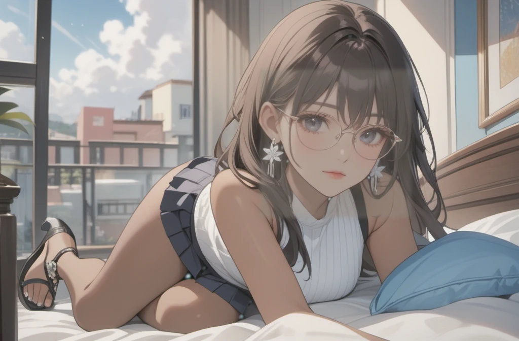 a woman with pleated skirt, sleeveless top, clothes with trans flag colors((pink white and blue)), black eyes, (((brown skin))), long wavy black hair, wearing high heel sandals, lying on bed, cute smile, bedroom background, high quality, masterpiece, anatomically correct, detailed background, better quality, original work, focus on details, people's watching around, front view, earrings, wind blowing through window, eye glasses