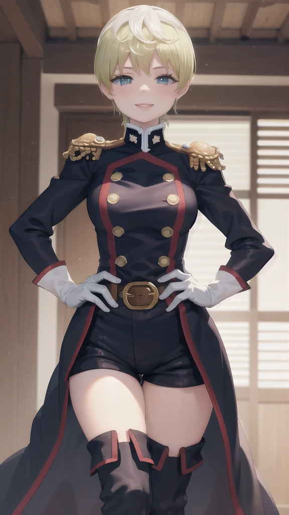 masterpiece, best quality, absurdres, perfect anatomy, 1girl, solo, TenkaIzumo, military uniform, coat, black shorts, epaulettes, brown belt, thigh boots, white gloves, smile, hands on hips, indoors, 