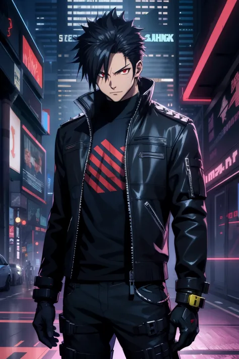 man, spiked hair, straight hair in front, t shirt, hip hop style, gloves, cyberpunk  theme, cyberpunk, tall, standing cabelo pre...