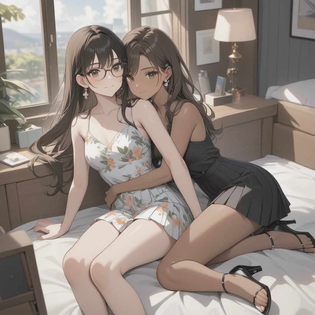 ((Two woman))one with pleated skirt, sleeveless top, other with floral dress, black and brown eyes, (((two woman with brown skin))), long wavy black hair, wearing high heel sandals, both lying on bed, cute smile, bedroom background, high quality, masterpiece, anatomically correct, detailed background, better quality, original work, focus on details, wearing earrings, wind blowing through window, eye glasses, hugging each other, lesbians, girlfriends 