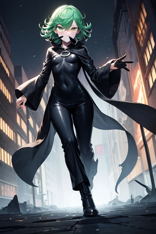 Masterpiece, best quality, ultra detailed, illustration, lighting epic, cinematic composition, 1 girl, Tatsumaki, short hair, green hair, very small breasts, green eyes, bright eyes, blushing, closed mouth, piercing gaze, full body, black scarf, bandage covering his mouth, 1 scratch on his right eye, pointy hood, torn black coat that covers everything, baggy sleeves, tall, thin, torn sleeves, white marks on his coat in a zig zag pattern, black fingers, black wristbands with white circles, black tentacles coming out of his coat, warlock, brooch with an eye symbol on his coat, black baggy pants, black boots, floating through the city, city background, night, anime