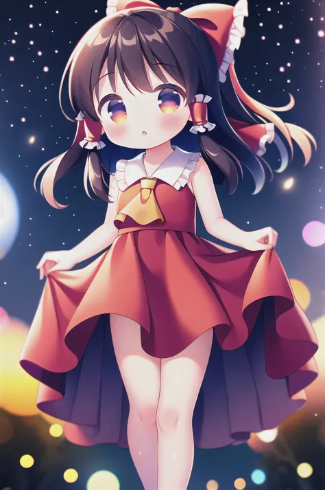 masterpiece，Absurd, high quality, Game CG, A very small young girl, Chibi，Baby Face，Child body type，Reimu Hakurei, Evening Dresses, Frillsのドレス, Frills, Outdoor, Night Sky, Falling Feathers, Particles of light, Bokeh, chromatic aberration,