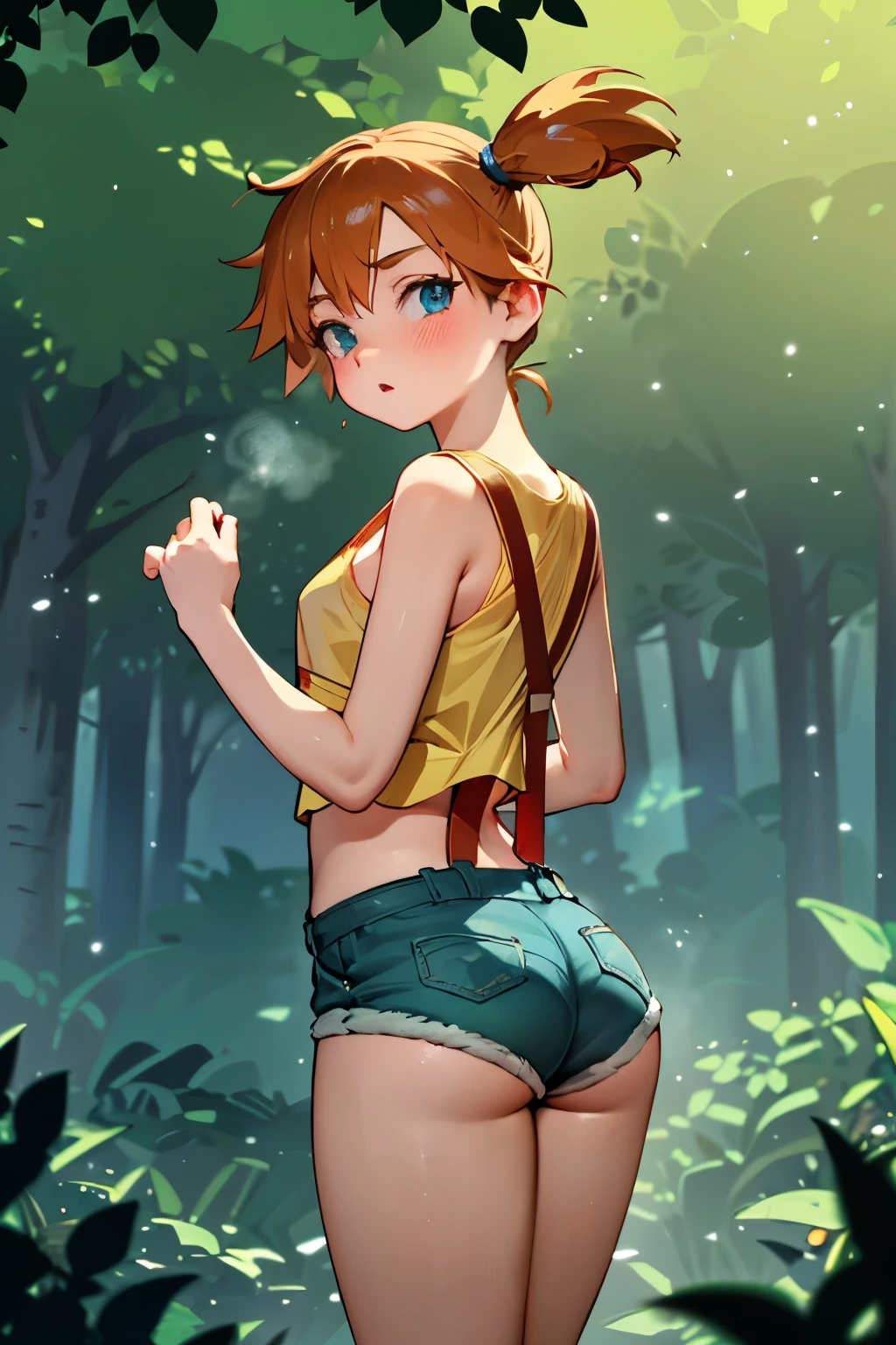 Misty from Pokemon, 1 girl,Alone,g-string denim short shorts, surprised expression, clavicle ,no shirt, nothing under red suspenders,looking back at the viewer,outside,depth of field, leaning against tree, legs, cameltoe, playful, Masterpiece, Best Quality, absurdities, high resolution, 4k, ray tracing, intricate details, Very detailed, (1 girl:Perfect face, beautiful, small breasts, small) Highqlb:perfect mouth, makeup screenshot, perfect jaw, good fortune hing 