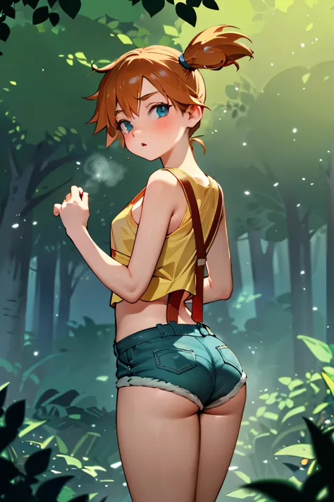 misty from pokemon, 1 girl,alone,g-string denim short shorts, surprised expression, clavicle ,no shirt, nothing under red suspen...