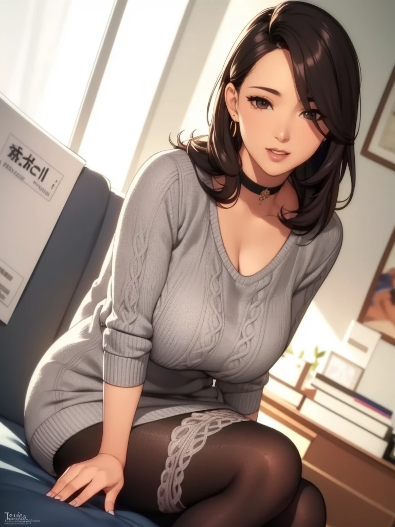 Woman sitting in office room、white walls、Gray table、posters on the wall、sexy  pose、(((​masterpiece))), ((top-quality)), ((intricate detailes)), ((hyper realisitic)), Absurd resolution, A MILF, A MILF, Near and far law, ighly detailed, illustratio, 1girl in, (colossal tits)), perfect hand, Detailed finger, beatiful detailed eyes, length hair, Brown-eyed, nametag, vd, (obscene knit sweater), cleavage of the breast, tight skirts, Black Choker, earringsStockings, Detailed background, Bedroom, perfect  eyes, mesmerizing eyes, Look at viewers, from the front side