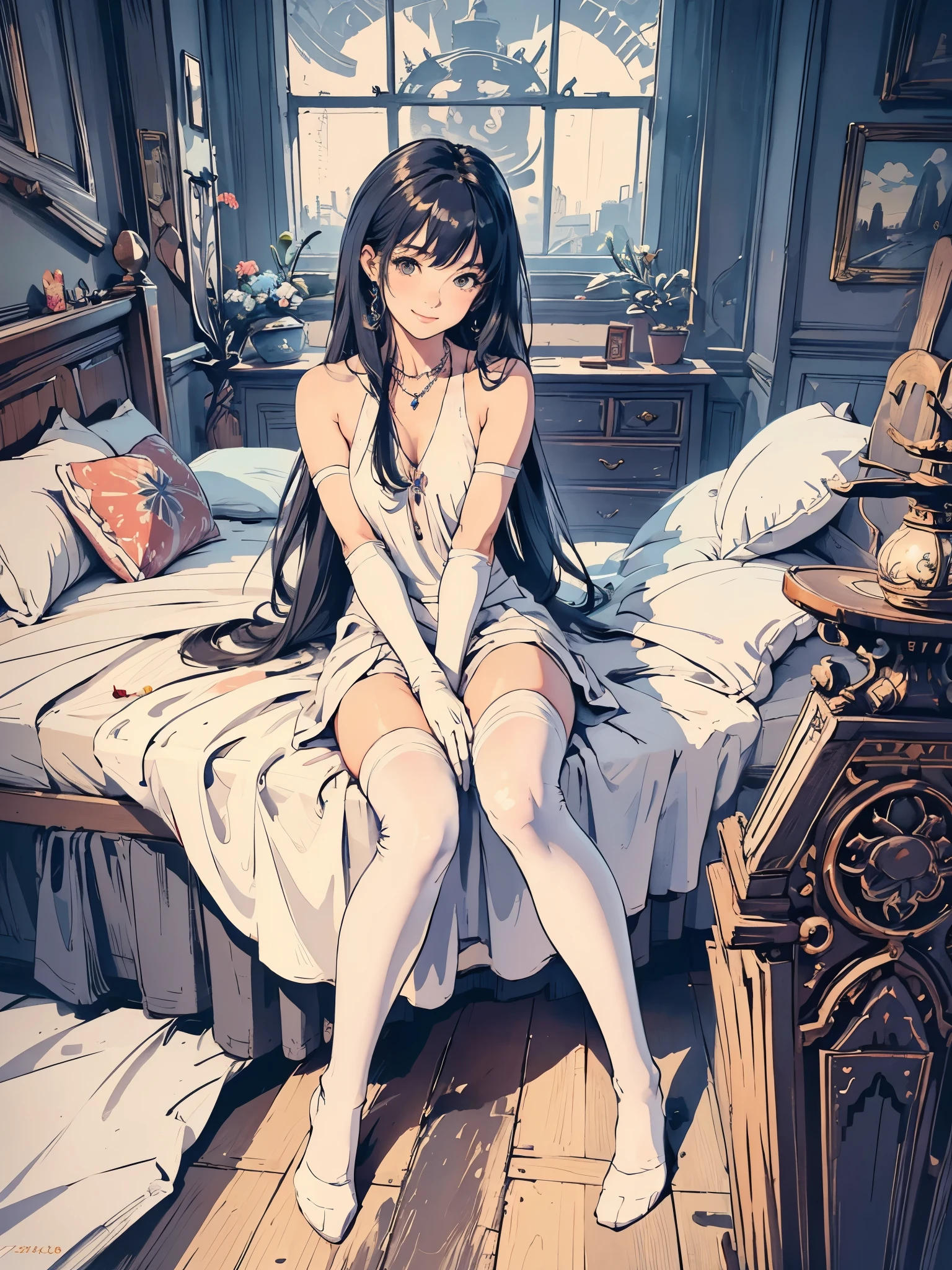 best quality, masterpiece, 1girl, solo, Ferry, long hair, FerryBase, thighhighs, bare shoulders, jewelry, sleeveless, white dress, blue skirt, gloves, bed room, bed, wooden floor, sitting, sitting on bed, from below, hands on legs, smile, soft lighting, full body,