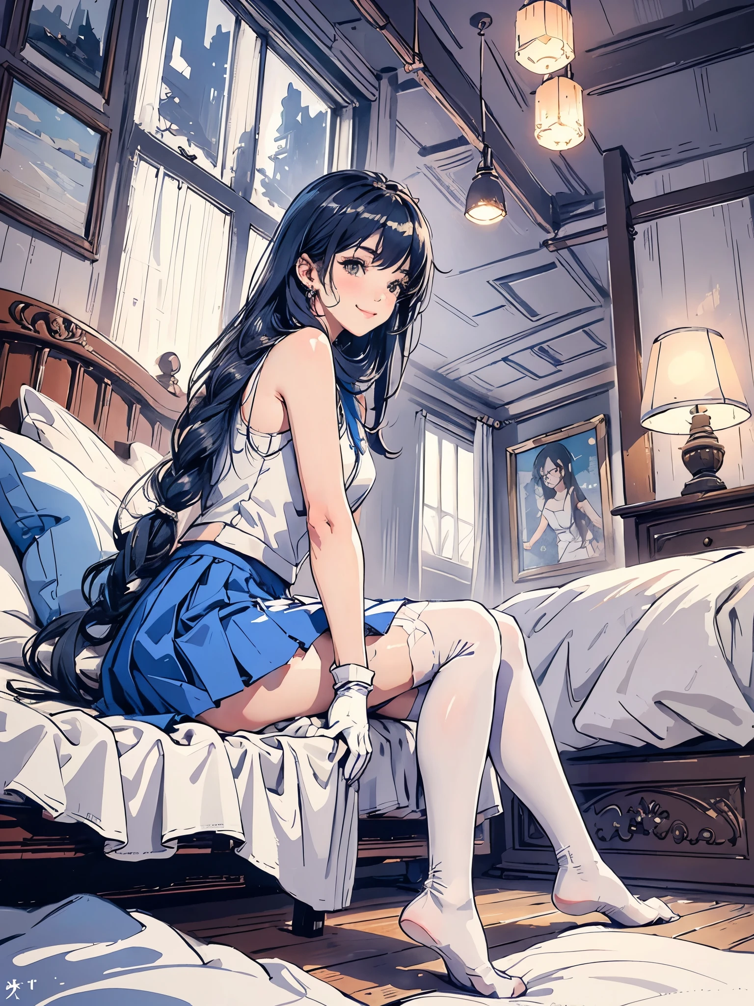 best quality, masterpiece, 1girl, solo, Ferry, long hair, FerryBase, thighhighs, bare shoulders, jewelry, sleeveless, white dress, blue skirt, gloves, bed room, bed, wooden floor, sitting, sitting on bed, from below, hands on legs, smile, soft lighting, full body,