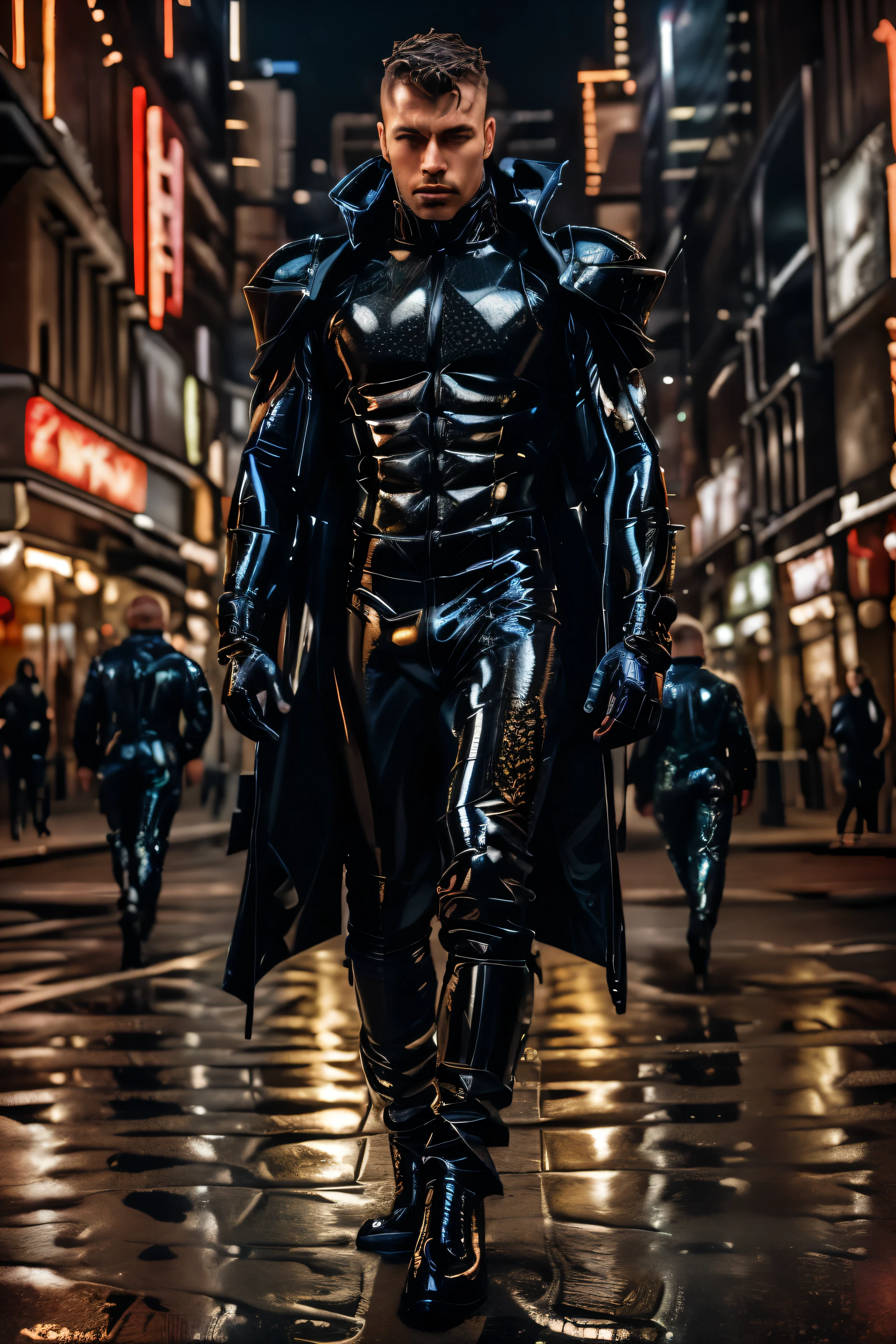 realistic, masterpiece, intricate details, detailed background, depth of field, muscular, photo of a handsome (australian man), l4tex4rmor, wearing latex coat, shiny latex, fighting stance, dynamic pose, futuristic city street, walking,