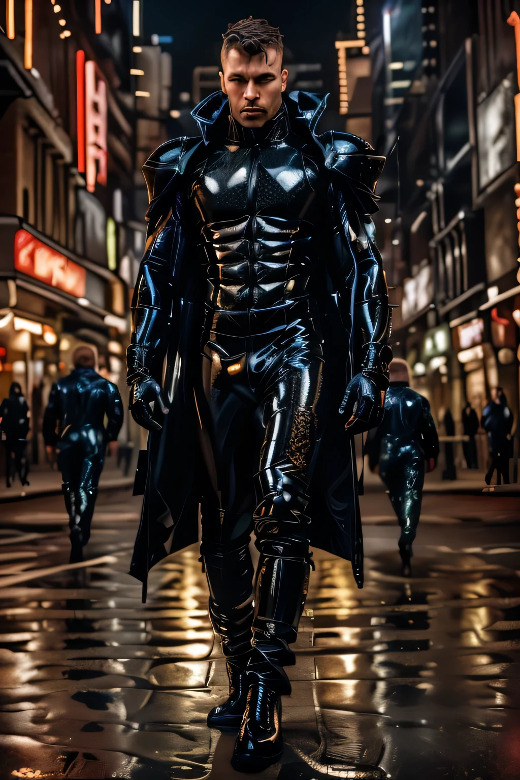 realistic, masterpiece, intricate details, detailed background, depth of field, muscular, photo of a handsome (australian man), l4tex4rmor, wearing latex coat, shiny latex, fighting stance, dynamic pose, futuristic city street, walking,