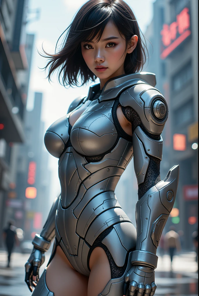 photo-realistic, ultra-realistic, very beautiful Japanese futuristic soldier, famous Japanese idol, dramatic scene, masterpiece, beautiful eyes, cyber punk, she is wearing a silver glossy intricated complex mecha hard armor suits with neon sign, acrobatic pose, dynamic angle, dangerous place, f/16 lens