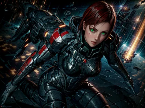 solo, jane shepard, a woman with crimson red hair, wearing damaged n7 armor, punching a reaper dreadnought ship in space, hand-t...