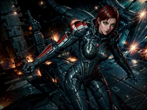 solo, jane shepard, a woman with crimson red hair, wearing damaged n7 armor, punching a reaper dreadnought ship in space, hand-t...